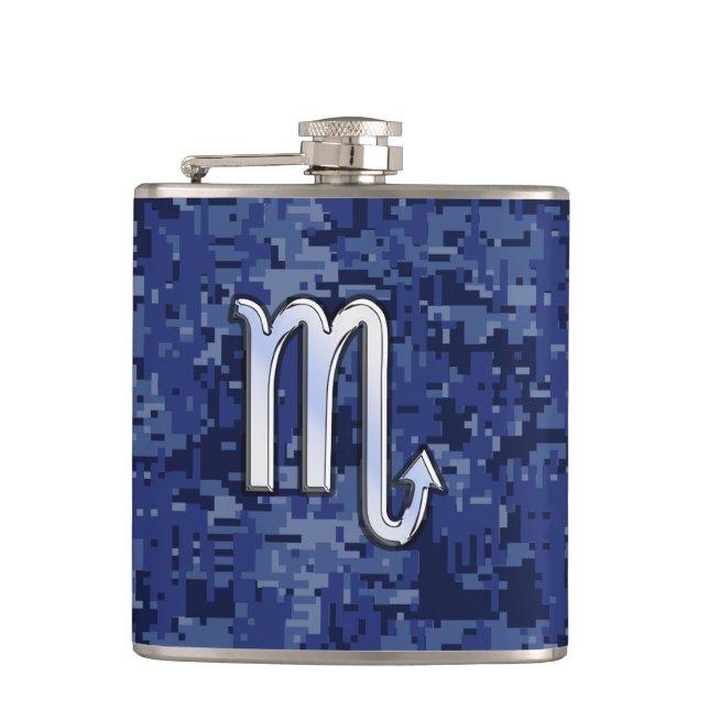 Scorpio Zodiac Sign on Navy Blue Camouflage Decor Hip Flask (Front)