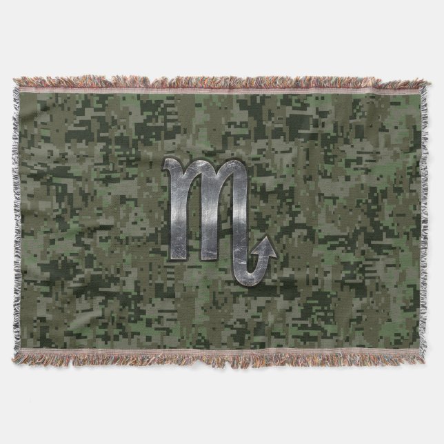 Scorpio Zodiac Sign Woodland Digital Camouflage Throw Blanket (Front)