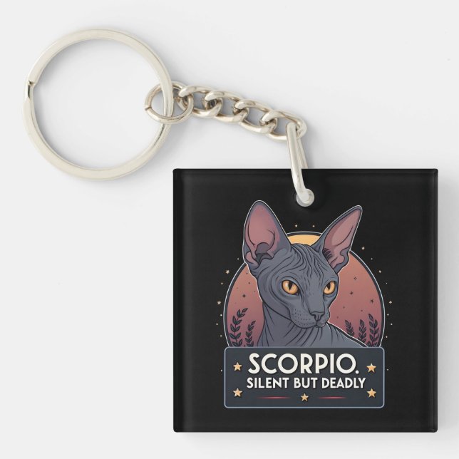 Scorpio Zodiac Sphynx Cat Silent Deadly Art Key Ring (Front)