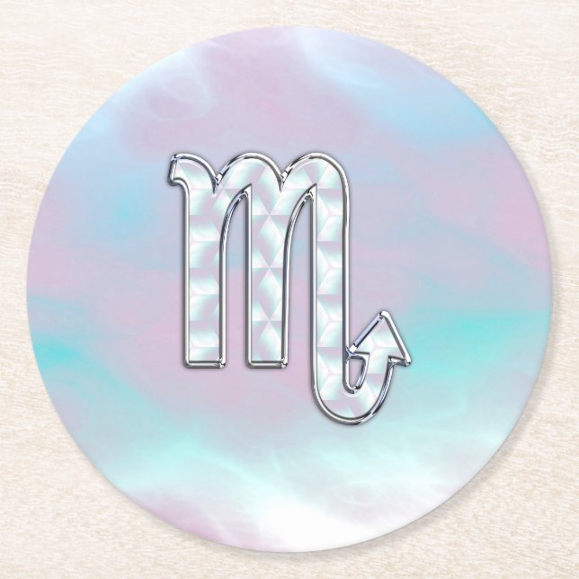 Scorpio Zodiac Symbol in Mother of Pearl Style Round Paper Coaster (Front)