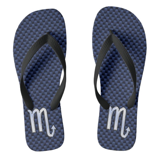 Scorpio Zodiac Symbol Navy Blue Carbon Fibre Style Flip Flops (Footbed)