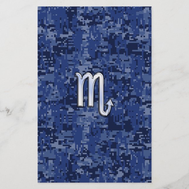 Scorpio Zodiac Symbol on Navy Blue Camo Stationery (Front)