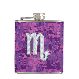 Scorpio Zodiac Symbol on Pink Digital Camouflage Hip Flask