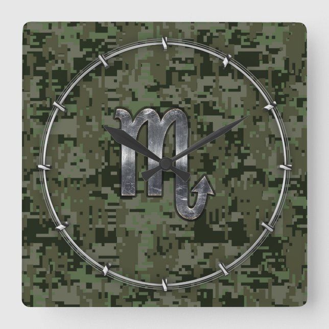 Scorpio Zodiac Symbol Woodland Digital Camo Square Wall Clock (Front)