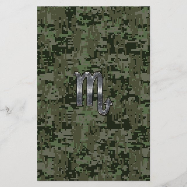 Scorpio Zodiac Symbol Woodland Digital Camo Stationery (Front)