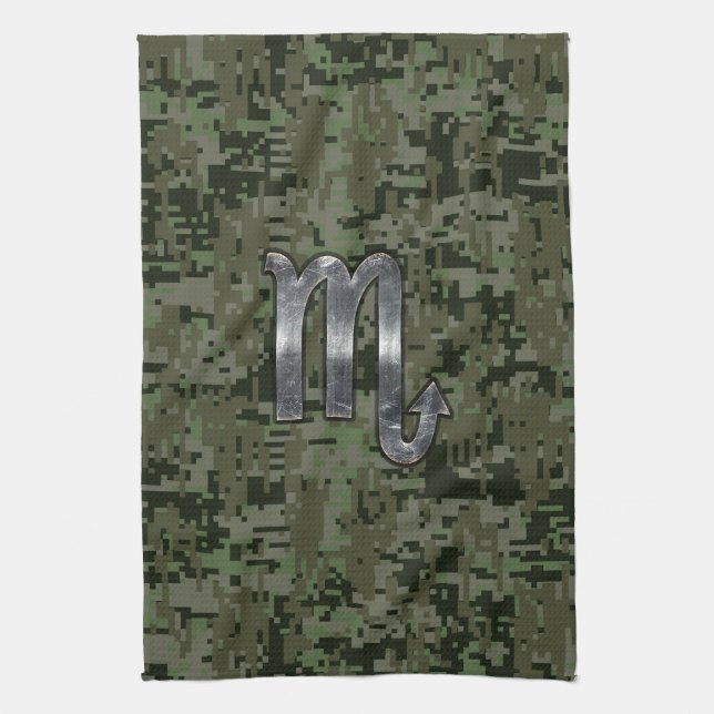 Scorpio Zodiac Symbol Woodland Digital Camo Tea Towel (Vertical)