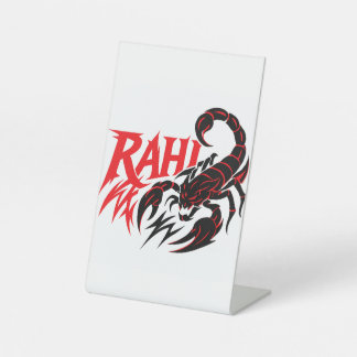 scorpion graphic design on a white display stand. pedestal sign