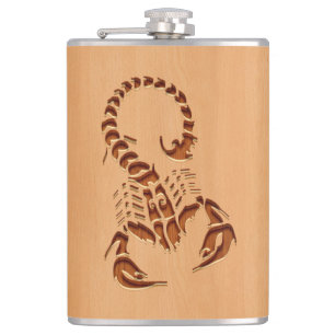 Scorpion silhouette engraved on wood design hip flask