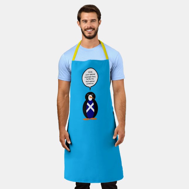 Scot Flag Talking Ms Penguin Personalised Apron (Worn)