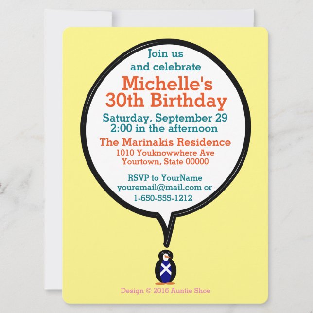 Scot Talking Ms Penguin Personalised  Invitation (Front)