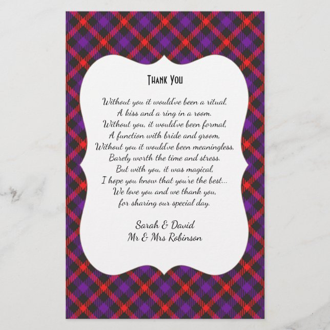 Scotch Clan Tartan Wedding Poem Thank You Scroll (Front)