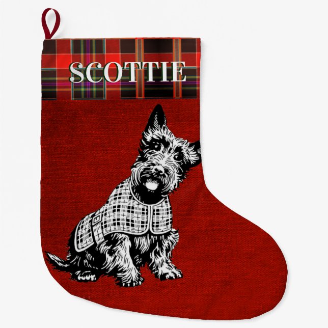 SCOTISH TERRIER DOG, SCOTTIE DOG + TARTAN LARGE CHRISTMAS STOCKING (Front)