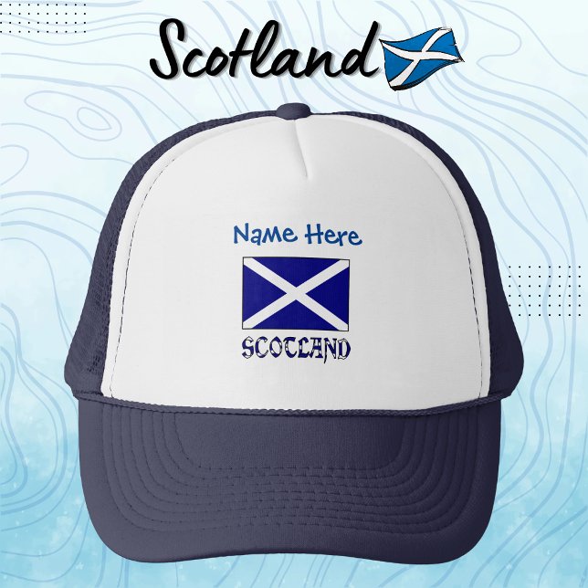 Scotland and Scottish Flag Blue Personalisation  Trucker Hat (Personalize blue trucker hat features the St. Andrew's Cross Scot Flag with the word SCOTLAND below.)