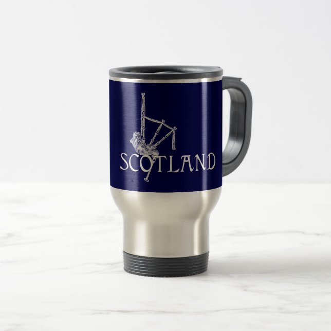 Scotland Bagpipes, Scottish Design Travel Mug (Front Right)