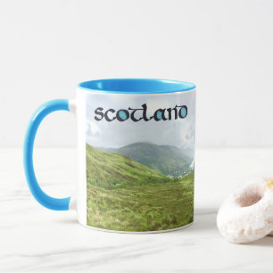 Scotland Calligraphy with Highlands Loch and Hills Mug
