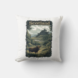 Scotland Design: Highland Cow, Castle, and Scenery Cushion