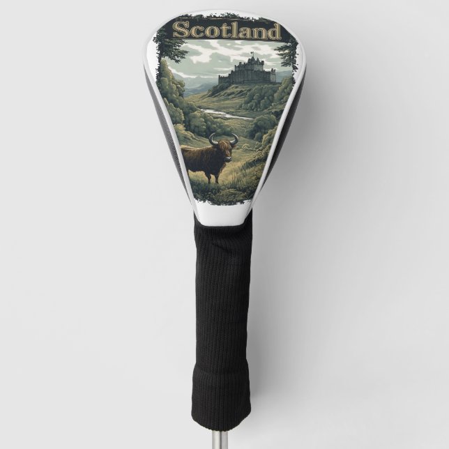 Scotland Design: Highland Cow, Castle, and Scenery Golf Head Cover (Front)