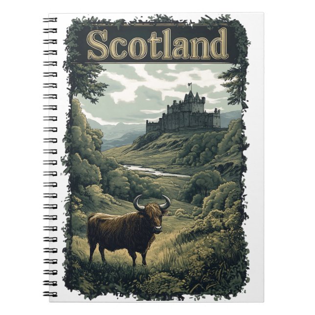 Scotland Design: Highland Cow, Castle, and Scenery Notebook (Front)