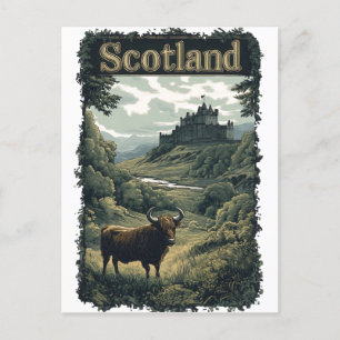 Scotland Design: Highland Cow, Castle, and Scenery Postcard