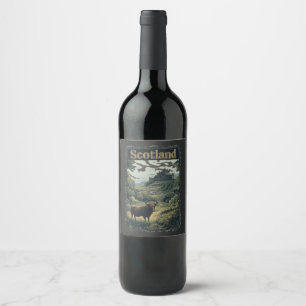 Scotland Design: Highland Cow, Castle, and Scenery Wine Label