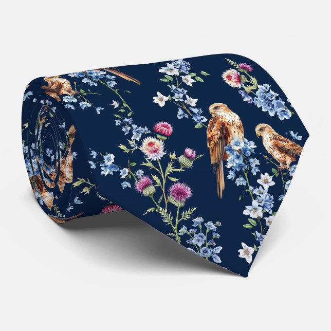 Scotland Eagle Thistle Bluebell Floral Navy Tie (Rolled)