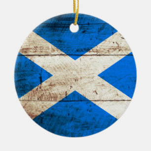 Scotland Flag on Old Wood Grain Ceramic Tree Decoration