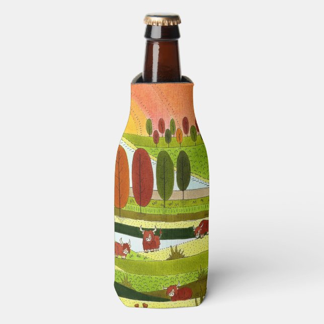 Scotland Highland Cows in Autumn Farm Field Bottle Cooler (Bottle Front)