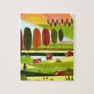 Scotland Highland Cows in Autumn Farm Field Jigsaw Puzzle