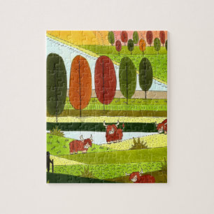 Scotland Highland Cows in Autumn Farm Field Jigsaw Puzzle