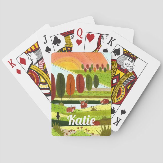 Scotland Highland Cows in Autumn Farm Field Playing Cards (Back)