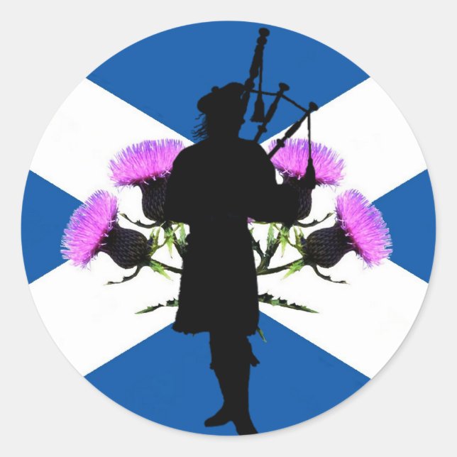 Scotland Piper, St Andrews cross, thistle Classic Round Sticker (Front)