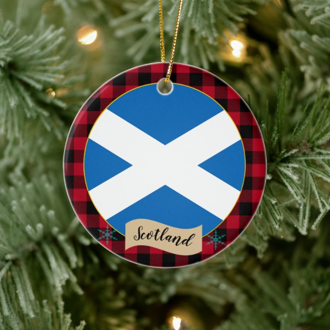 Scotland, Red buffalo plaid & Scottish Flag Ceramic Tree Decoration (Tree)