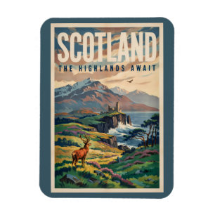 Scotland Scottish Highland Deer Illustration Retro Magnet