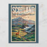 Scotland Scottish Highland Deer Illustration Retro