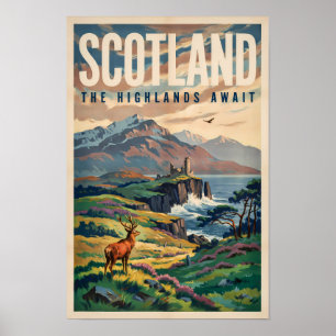 Scotland Scottish Highland Deer Illustration Retro Poster