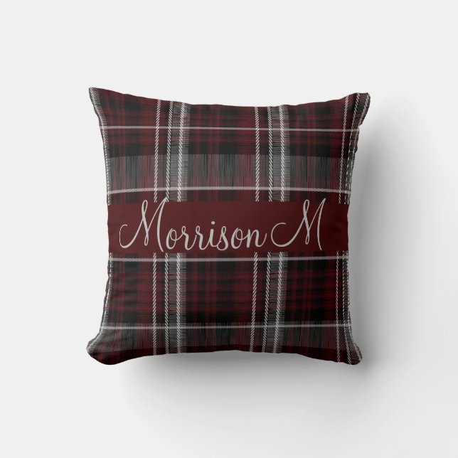 Scotland Tartan Burgundy Grey Plaid Monogram Cushion (Front)