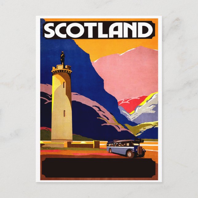 Scotland, travel by bus, vintage postcard (Front)