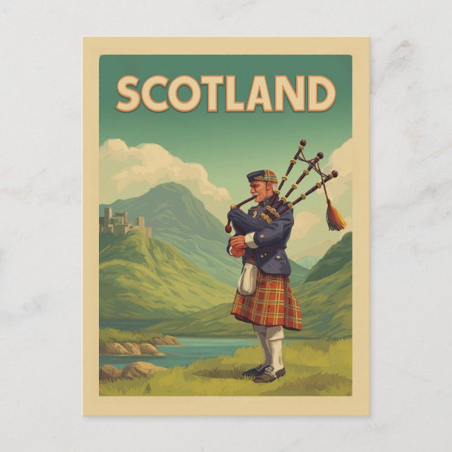 Scotland Vintage Travel – Highland Bagpiper Postcard (Front)