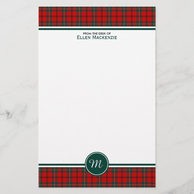 Scott Clan Tartan Red and Green Plaid Monogram Stationery (Front)