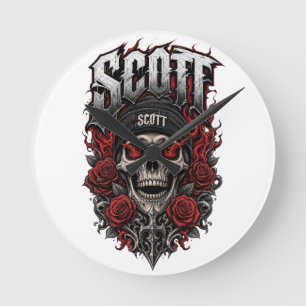 Scott Gothic Skull Personalised Name Design Round Clock