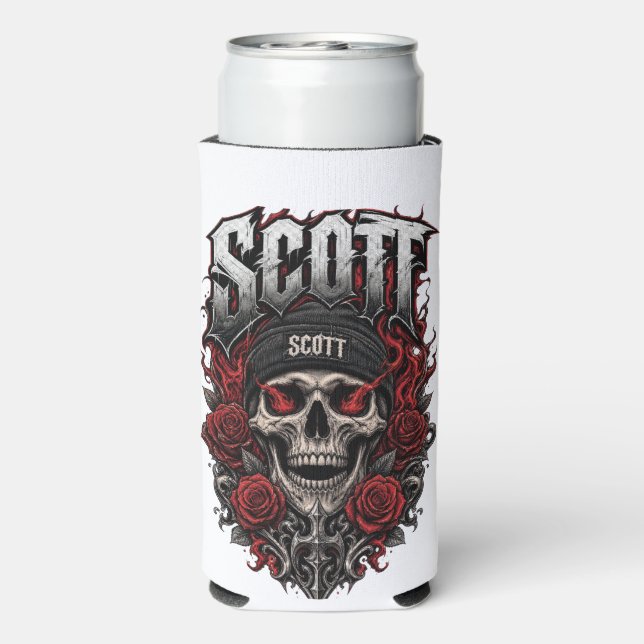 Scott Gothic Skull Personalised Name Design Seltzer Can Cooler (Seltzer Back)