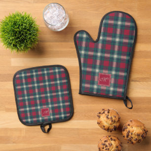 Scott Red Green Modern Scottish Tartan Monogrammed Oven Mitt & Pot Holder Set