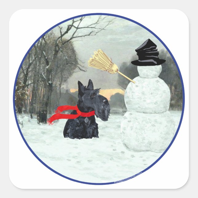 Scottie and Snowman Square Sticker (Front)