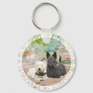 Scottie and Westie in a Garden Key Ring