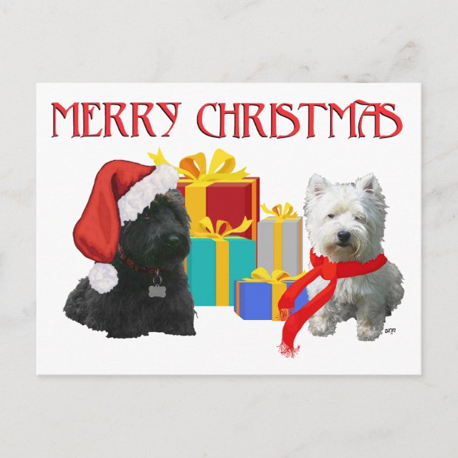 Scottie and Westie Merry Christmas Holiday Postcard (Front)
