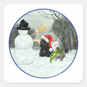 Scottie and Westie with Snowman Square Sticker