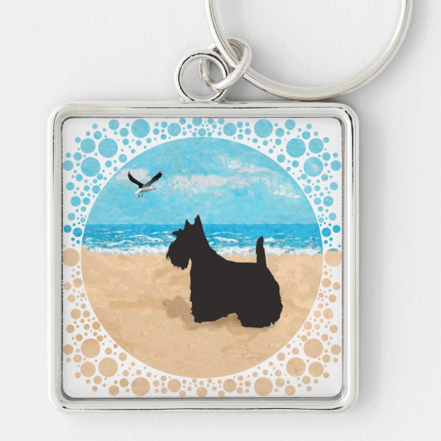 Scottie at the Beach with Seagull Key Ring (Front)