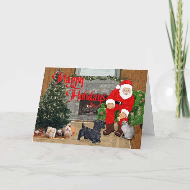 Scottie Dog and Siamese Cat with Santa Claus Holiday Card (Front)