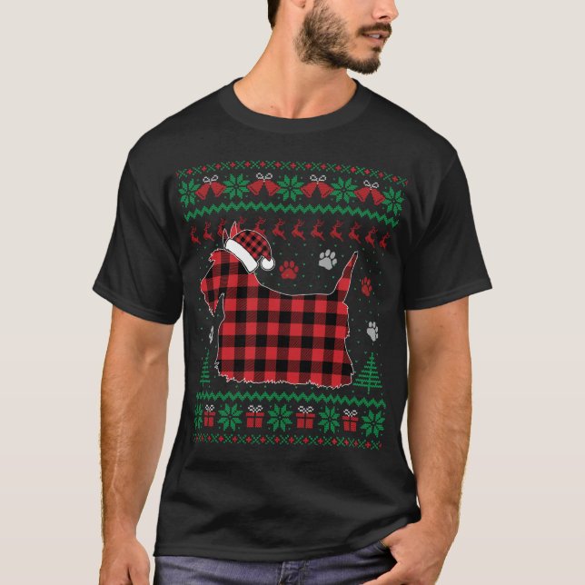 Scottie Dog Christmas Pajama Red Plaid Scottish Ug T-Shirt (Front)