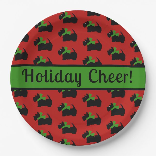 Scottie Dog Holiday Personalised Red Green Paper Plate (Front)